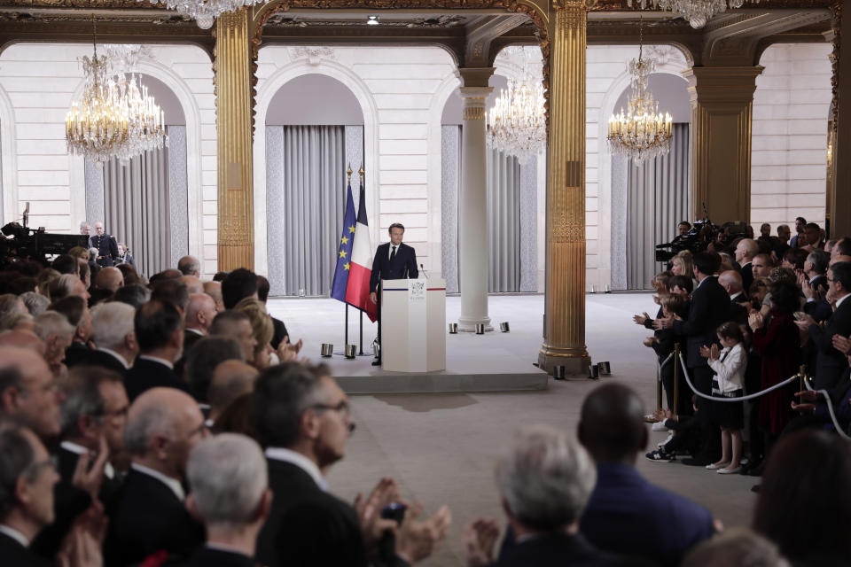 French President Emmanuel Macron delivers a speech during the ceremony of his inauguration for a second term at the Elysee palace, in Paris, France, Saturday, May 7, 2022. Macron was reelected for five years on April 24 in an election runoff that saw him won over far-right rival Marine Le Pen. (AP Photo/Lewis Joly)