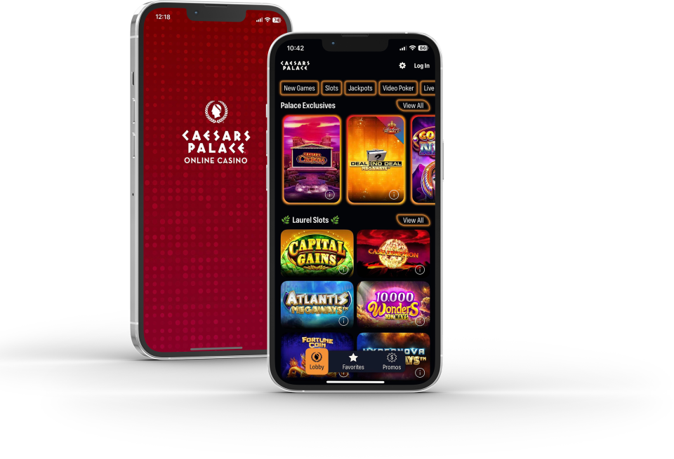 An illustration of the Caesars Palace Online Casino app on two smartphones.