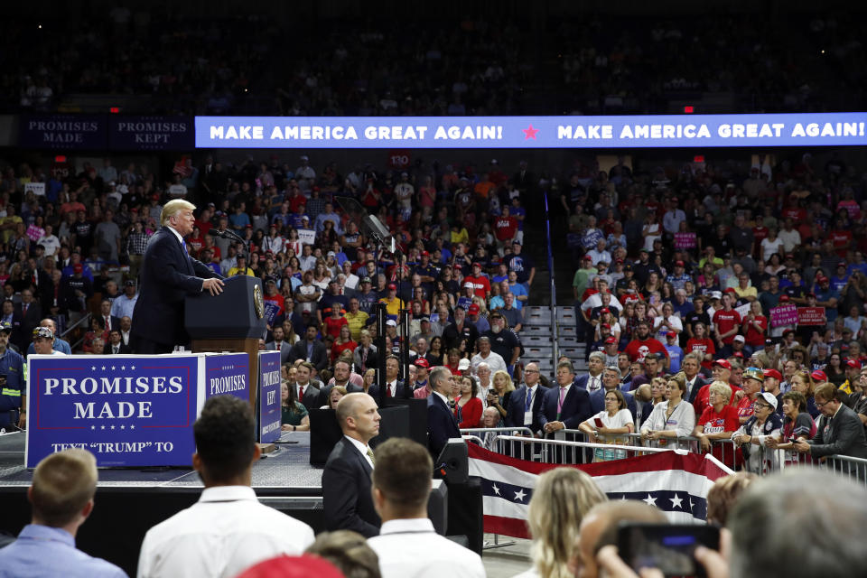 President Donald Trump speaks during a rally Tuesday, Aug. 21, 2018, in Charleston, W.Va. (AP Photo/Alex Brandon)