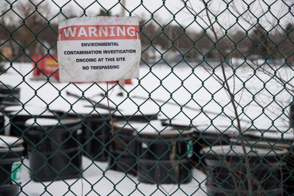 Hundreds of barrels of dirt sample collected from a former Wolverine World Wide tannery site in Rockford, Michigan, March 1, 2019.