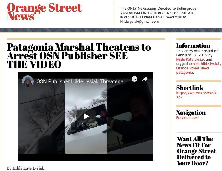 Front page of the Orange Street News. (Photo: <a href="https://orangestreetnews.com/2019/02/18/patagonia-marshal-theatens-to-arrest-osn-publisher-see-the-video/" target="_blank">Screen Shot/Orange Street News front page</a>)