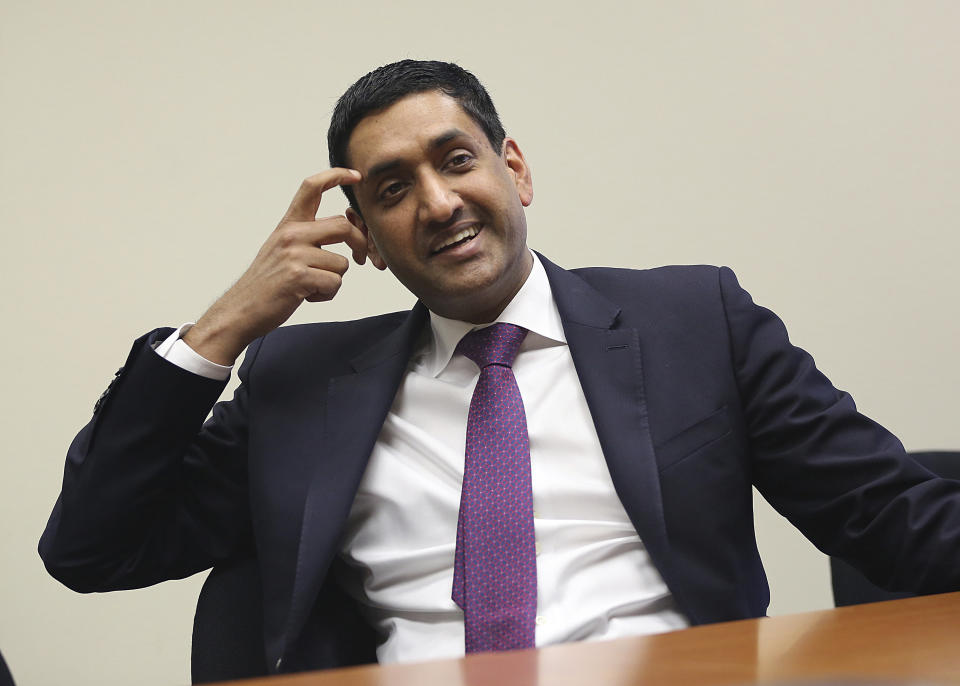 U.S. Rep. Rohit 'Ro' Khanna, from California's 17th Congressional District centered in Santa Clara and other parts of California's Silicon Valley, is interviewed in Los Angeles Friday, Jan. 26, 2018. (AP Photo/Reed Saxon)