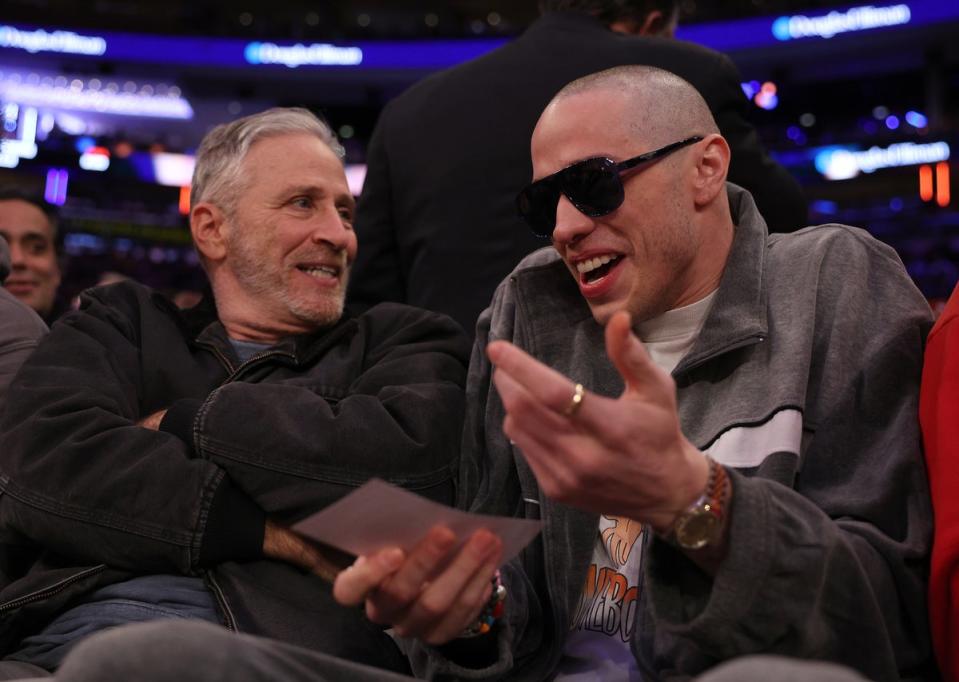 Pete Davidson seemed happy and relaxed as he took in the game (Getty Images)