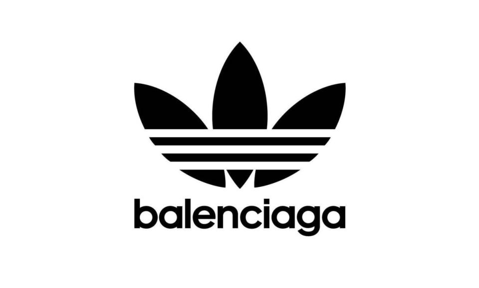 合作系列以adidas小寫字體呈現的BALENCIAGA標識，上方則標有adidas的運動風徽標或三葉草徽標。（BALENCIAGA提供）