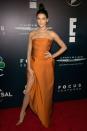 <p>At NBC Universal's Golden Globes after party, Kendall wore this magical burnt orange Paule Ka gown</p>