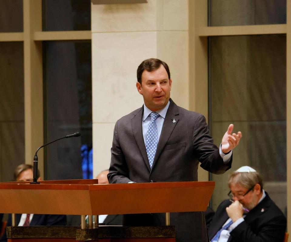 District 97 Rep. Craig Goldman addresses the congregation during a vigil for Israel at Beth-El Congregation in Fort Worth, Texas, Tuesday, Oct. 10, 2023. City and faith leaders spoke to a full house for support of Israel.