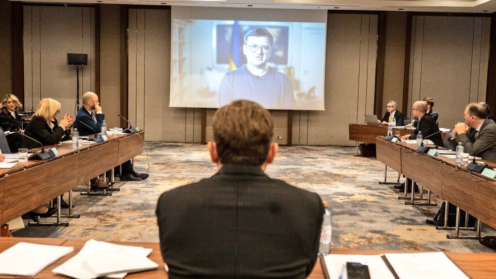 Foreign Minister Dmytro Kuleba speaking virtually at the opening of the U.S.-Adriatic Charter informal meeting on March 28, 2023. (Photo: Macedonian Foreign Minister Bujar Osmani/Twitter)