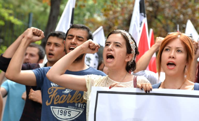 Pro-nationalist university students shout during a protest against U.S.-based cleric Fethullah Gulen and his followers during a demonstration in Ankara, on July 21, 2016