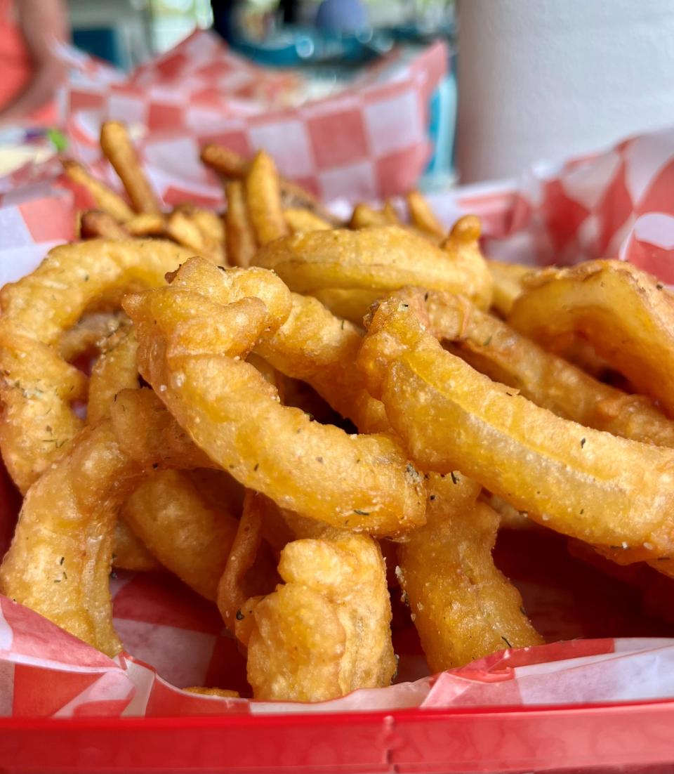 Onion rings and fries are hand-cut daily at Cheeburger Cheeburger on Sanibel.