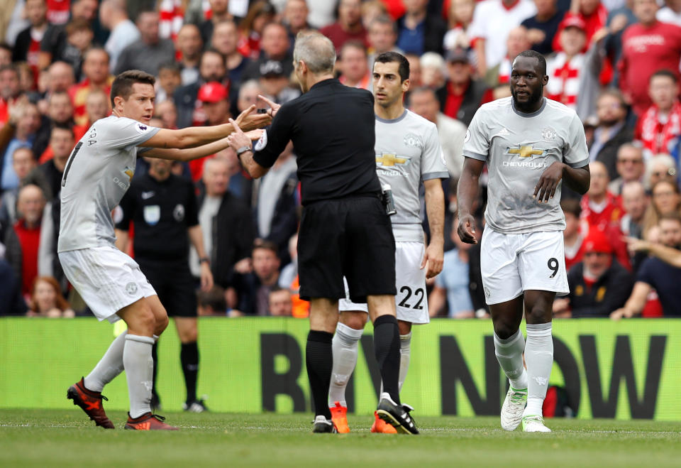 <p>Manchester United’s Ander Herrera appeals to referee Martin Atkinson</p>