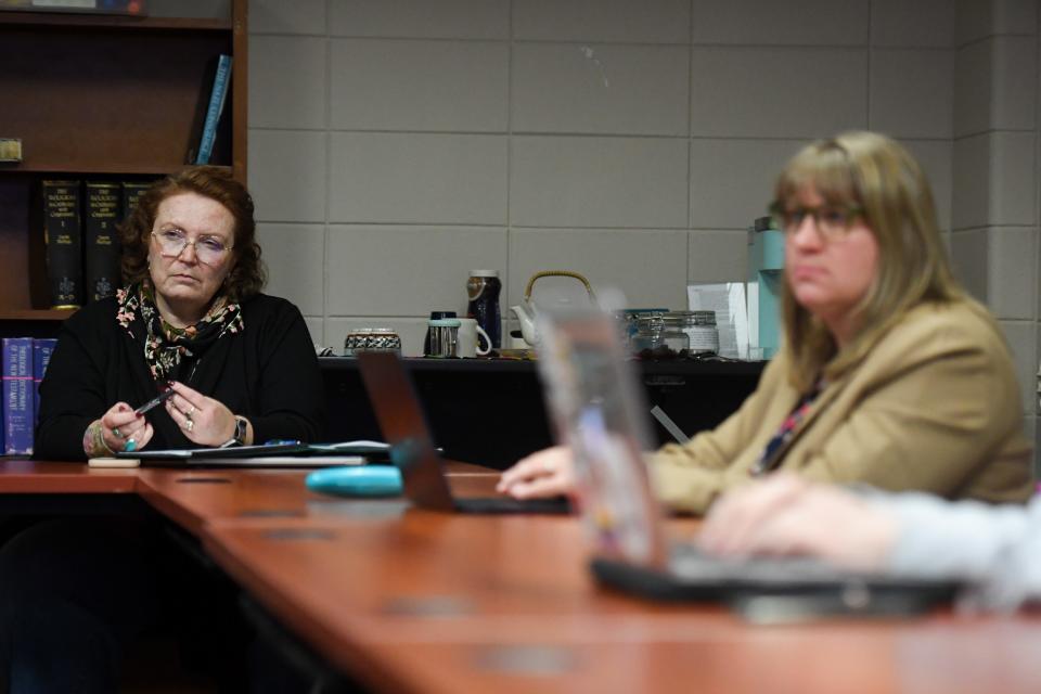 Interfaith Chaplain Jen Dreiske and Senior Campus Pastor Ann Rosendale listen to students' discussion during weekly council meeting on Tuesday, Feb, 20, 2024 at Augustana Humanities Building in Sioux Falls.