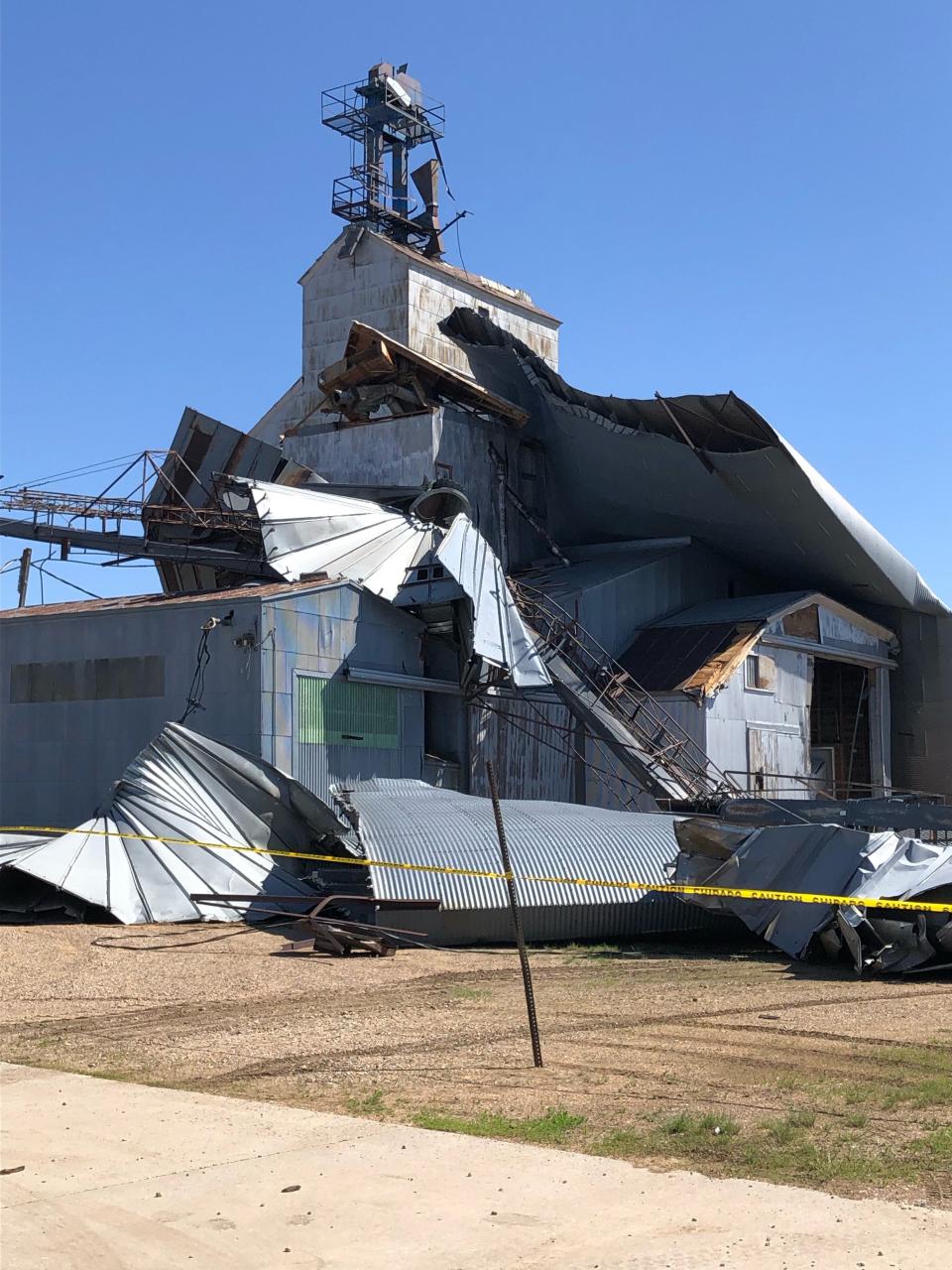 The Tripp grain elevator was destroyed in Thursday's storms when wind speeds reached 107 mph.