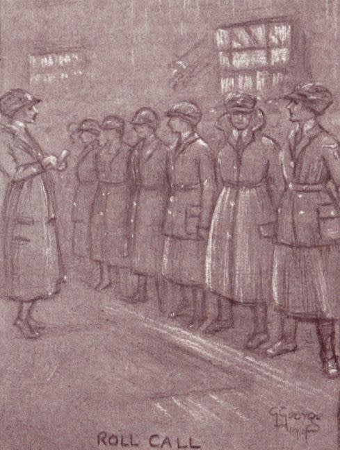 Appearing immaculately turned out for a WRAF (The Women's Royal Air Force) inspections was a struggle against the odds. There was only a small mirror to assess results. One of Gertrude George’s delightful sketches of life in the WRAF. Here, the dreaded Inspection.