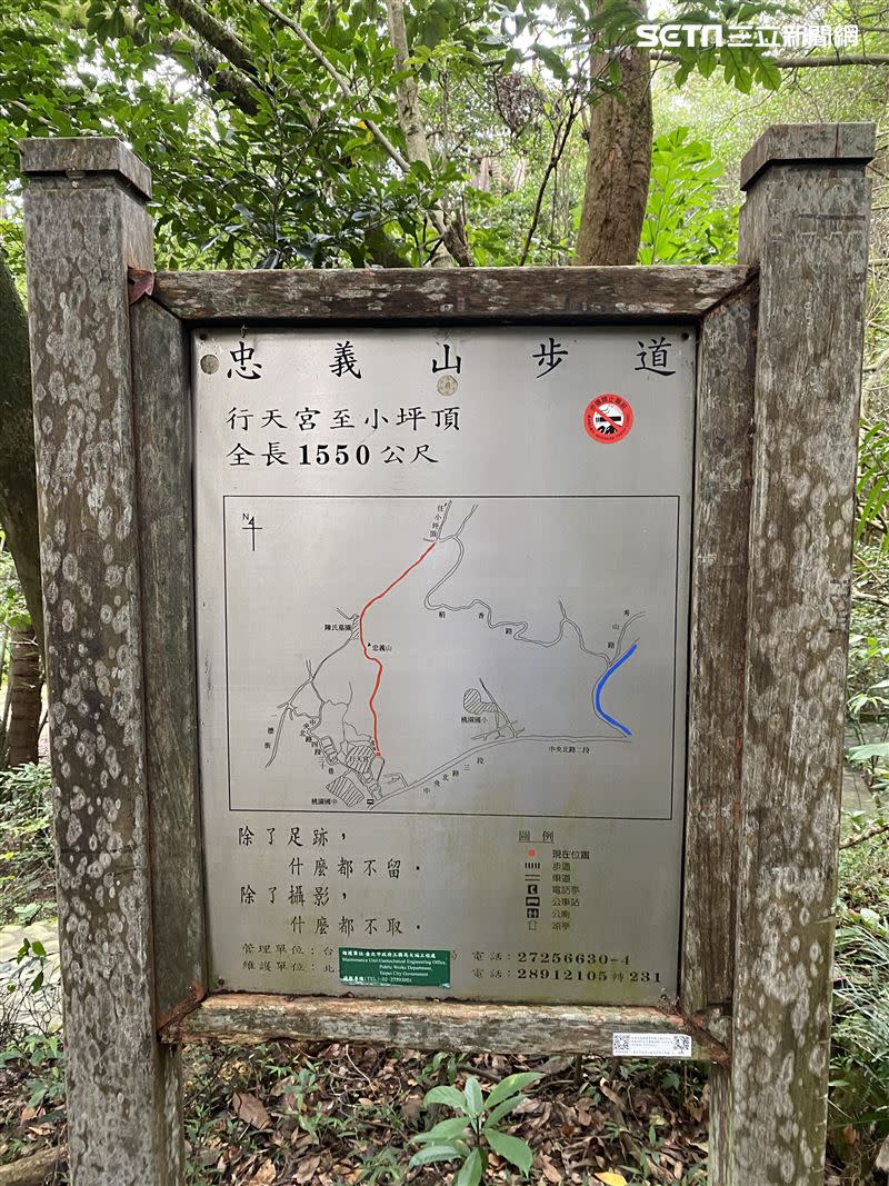 行天宮北投分宮後山忠義山步道告示牌。