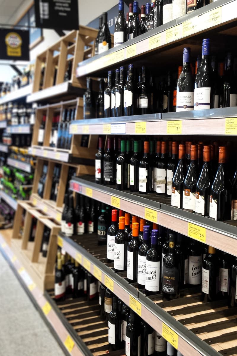 Peterlee / Great Britain - March 11, 2019: Display of alcohol wine on shelves in supermarket for sale