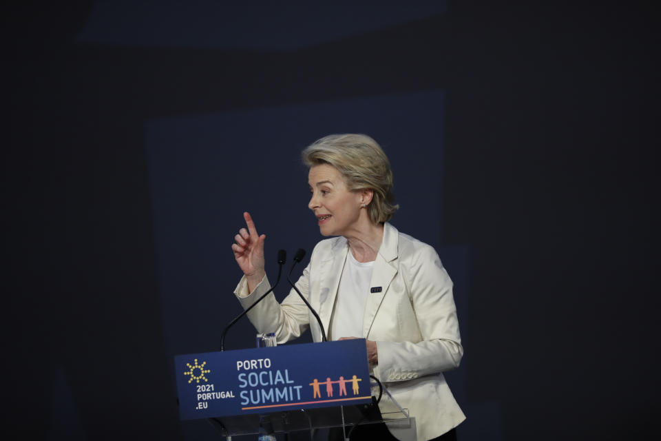 European Commission President Ursula von der Leyen speaks during the closing ceremony of the EU summit at the Alfandega do Porto Congress Center in Porto, Portugal, Friday, May 7, 2021. European Union leaders met for a summit in Portugal on Friday, sending a signal they see the threat from COVID-19 on their continent as waning amid a quickening vaccine rollout. (AP Photo/Francisco Seco, Pool)