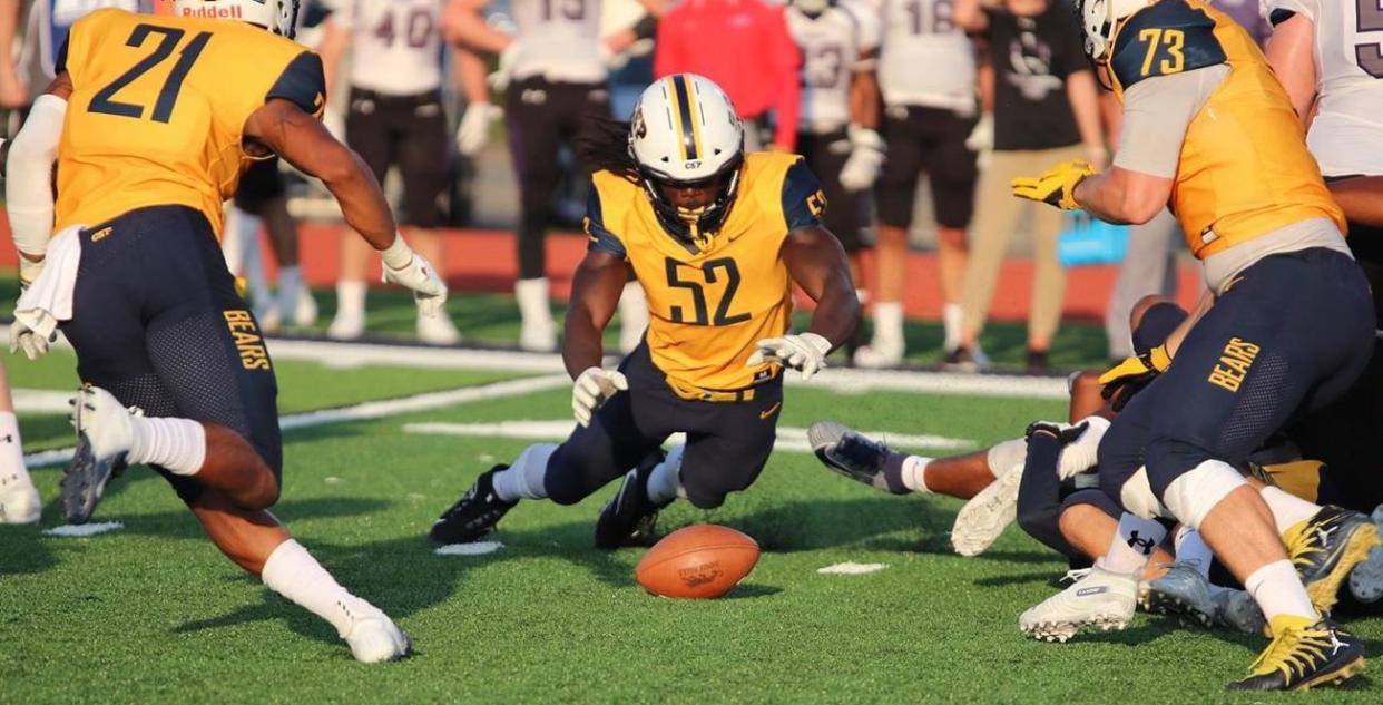 Concordia-St. Paul EDGE Chris Garrett (52) pounces on a loose ball during his breakout season of 2019. (Courtesy of Concordia-St. Paul)