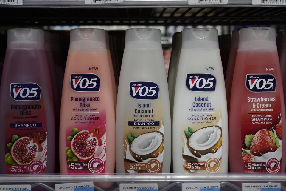 FILE—Plastic bottles of shampoo are displayed at Compton's Market in Sacramento, Calif., Friday, June 17, 2022. California lawmakers approved a measure, on Thursday, June 30, 2022, requiring companies selling plastics used for single-use products like eating utensils, food containers and shampoo bottles to cut down their use of the polluting product by 25% if they want to continue selling in California starting the next decade. (AP Photo/Rich Pedroncelli, File)