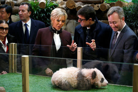 Brigitte Macron, wife of the French president, listens to Rodolphe Delord, director of the Beauval Zoo, as she attends a naming ceremony of the panda born at the zoo, while French Junior Minister for Foreign Affairs Jean-Baptiste Lemoyne (R) looks on, in Saint-Aignan-sur-Cher, France, December 4, 2017. REUTERS/Thibault Camus/Pool