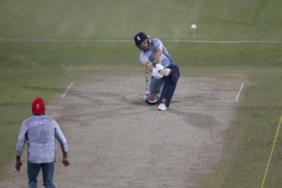 England Phil Salt bats during a training session at the National Cricket Stadium, in Karachi, Pakistan, Saturday, Sept. 17, 2022. England and Pakistan will play first twenty20 cricket match on Sept. 20. (AP Photo/Fareed Khan)