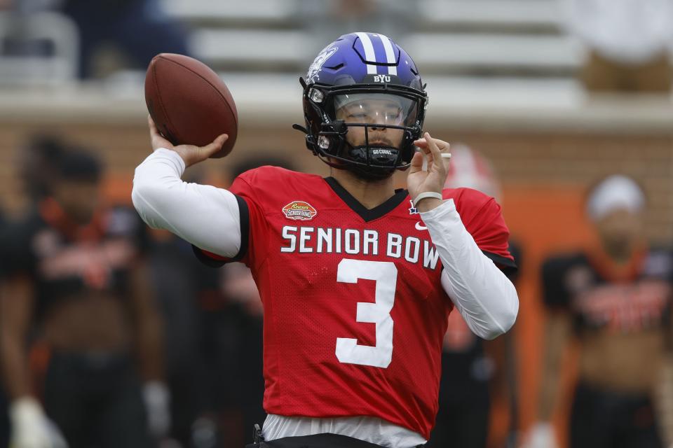 Jaren Hall of BYU runs through drills during practice for the Senior Bowl NCAA college football game Thursday, Feb. 2, 2023, in Mobile, Ala. | Butch Dill, Associated Press