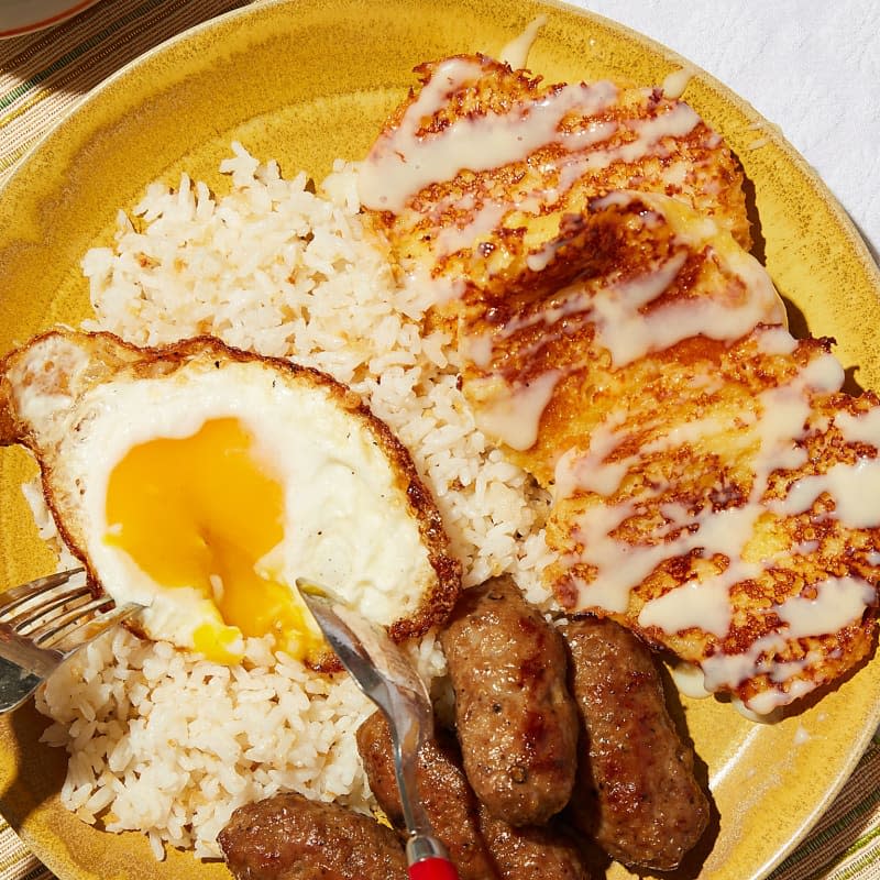 Silog Plate with Longanisa, Garlic Fried Rice, and Pandesal French Toast 