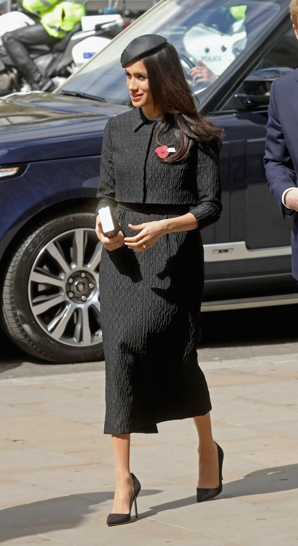 Meghan Markle wore a midi skirt and a cropped jacket by Emilia Wickstead at the Anzac Day Service of Commemoration and Thanksgiving [Photo: Getty]