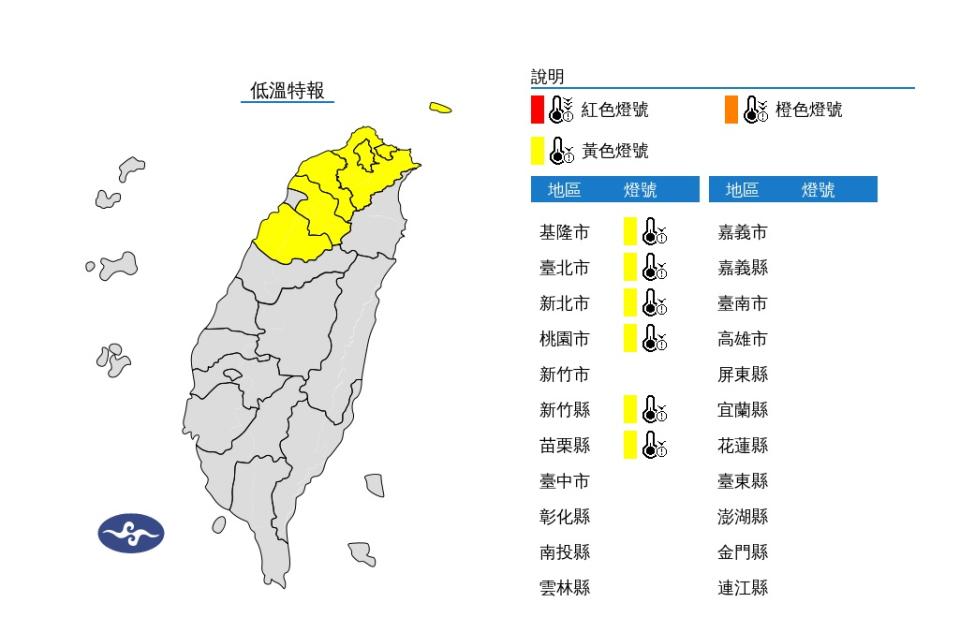 今明兩天各地天氣寒冷，發布低溫特報：黃色燈號（寒冷）地區：包括新北市、基隆市、臺北市、桃園市、新竹縣、苗栗縣，有10度以下氣溫發生的機率，請注意。（圖：氣象署網站）