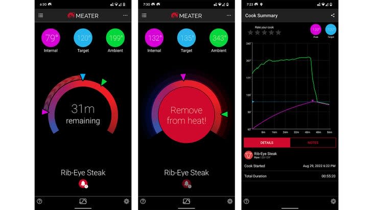 <span class="article__caption">These screenshots from the app, while cooking the ribeye, show the various functions. The app is smart enough to know that pulling the ribeye at 132 will be enough to bring it up to the 135 target while resting. </span> (Photo: Meater)