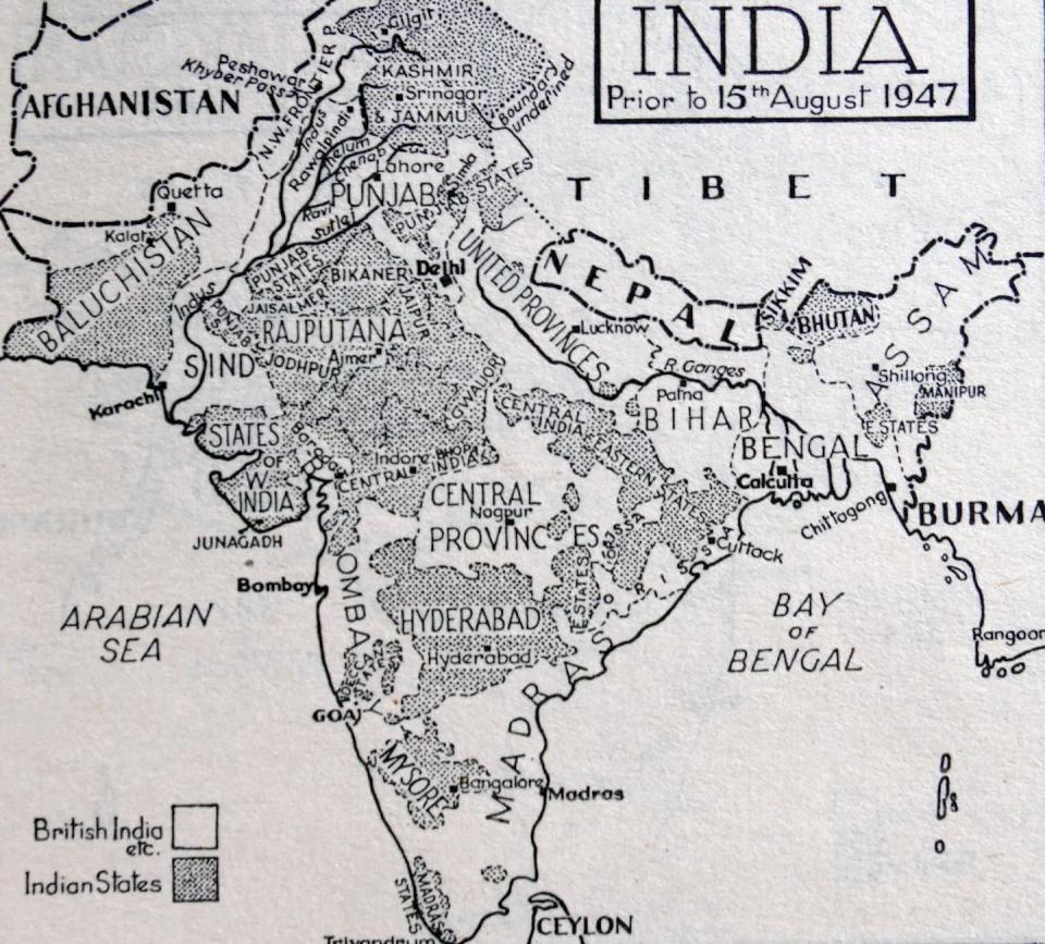 A map of India before the partition shows the areas considered ‘British India’ and the ‘princely states,’ also called ‘Indian states.’ <a href="https://www.gettyimages.com/detail/news-photo/map-of-india-before-the-partition-of-the-british-indian-news-photo/1216140133?adppopup=true" rel="nofollow noopener" target="_blank" data-ylk="slk:Photo 12/Universal Images Group via Getty Images;elm:context_link;itc:0;sec:content-canvas" class="link ">Photo 12/Universal Images Group via Getty Images</a>