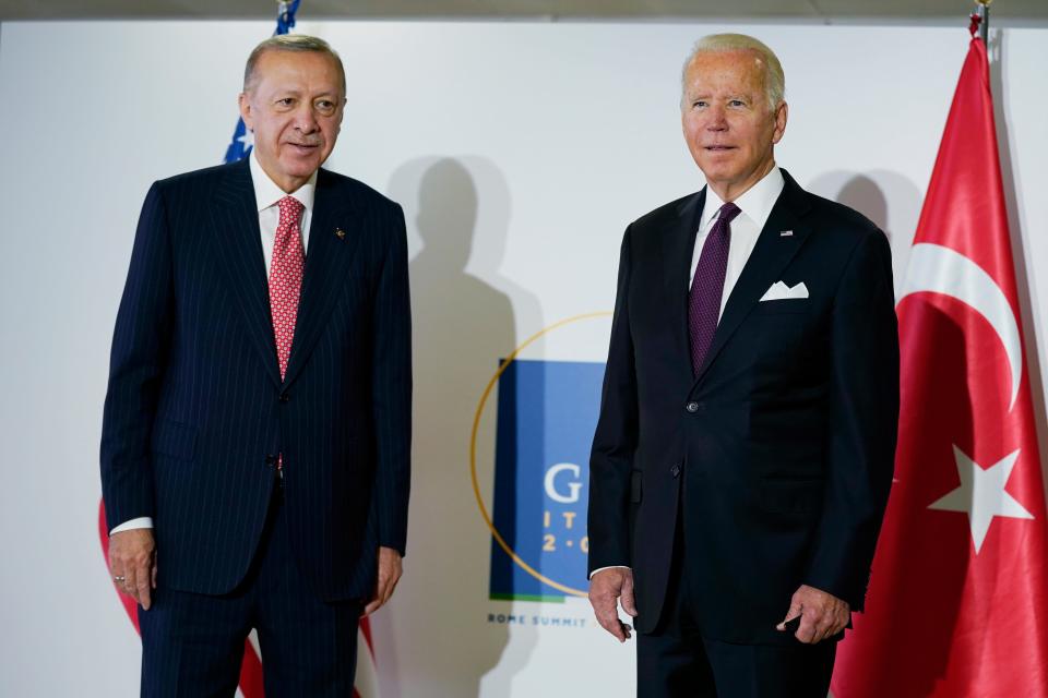 President Joe Biden meets with Turkish President Recep Tayyip Erdogan during the G20 leaders summit, Sunday, Oct. 31, 2021, in Rome.