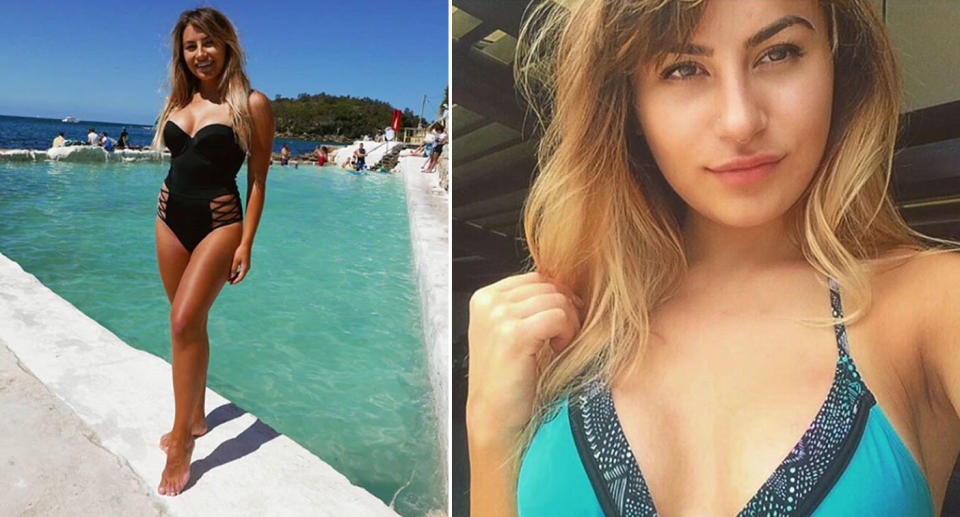 Ms Kirkova (left) by a pool at Manly beach and (right) in another bikini pose during her stay in Australia. Source: Instagram