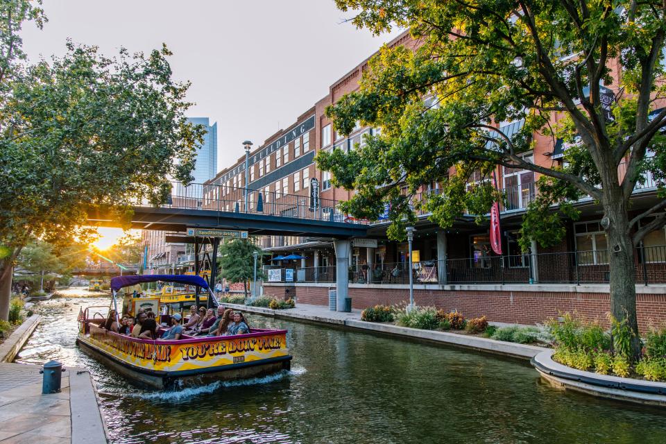 A boat tour in the canal is pictured at Bricktown in Downtown Oklahoma City, on Saturday, Sept. 9, 2023.