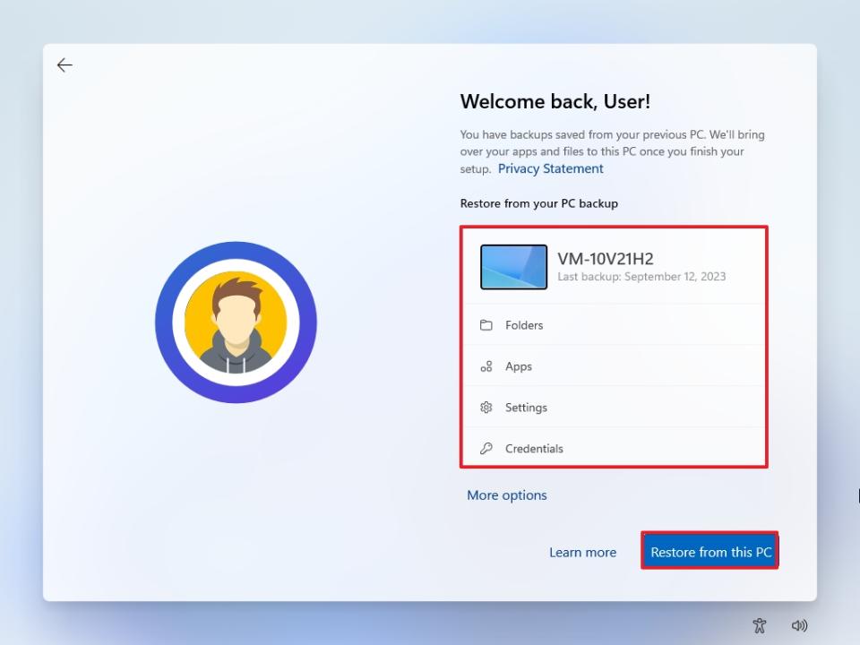 OOBE restore backup