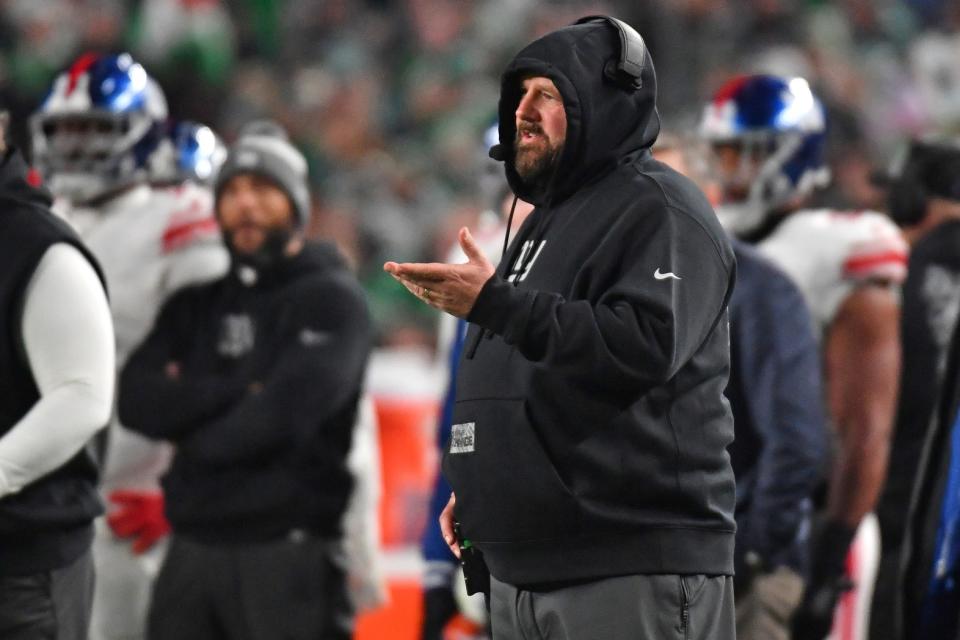 Dec 25, 2023; Philadelphia, Pennsylvania, USA; New York Giants head coach Brian Daboll on the sidelines against the Philadelphia Eagles during the second quarter at Lincoln Financial Field. Mandatory Credit: Eric Hartline-USA TODAY Sports