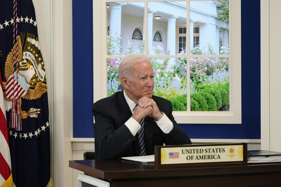 President Joe Biden participates virtually in the U.S.-ASEAN Summit from the South Court Auditorium on the White House complex in Washington, Tuesday, Oct. 26, 2021. It is the first time the United States has participated in the 10-member Association of Southeast Asian Nations since 2017, when President Donald Trump participated in the summit. (AP Photo/Susan Walsh)