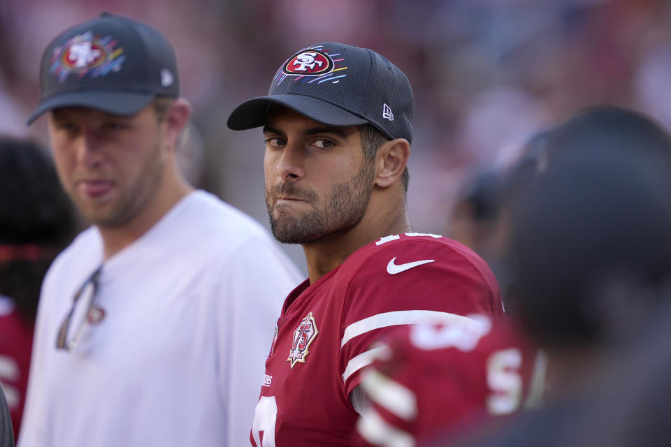 San Francisco 49ers quarterback Jimmy Garoppolo stands on the sideline during the second half of an NFL football game against the Seattle Seahawks in Santa Clara, Calif., Sunday, Oct. 3, 2021. (AP Photo/Tony Avelar)