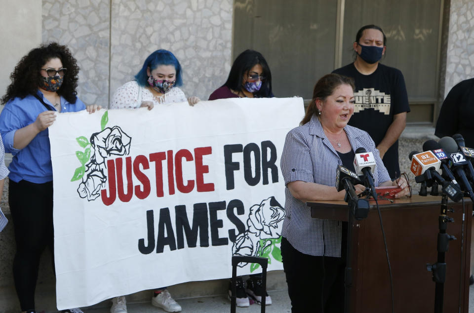 Denice Garcia, mother of James Garcia, who was shot last week by Phoenix police, speaks during a news conference in front of police headquarters on July 8, 2020. (Ross D. Franklin / AP)