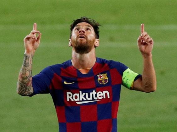 Barcelona’s Lionel Messi celebrates scoring (REUTERS)