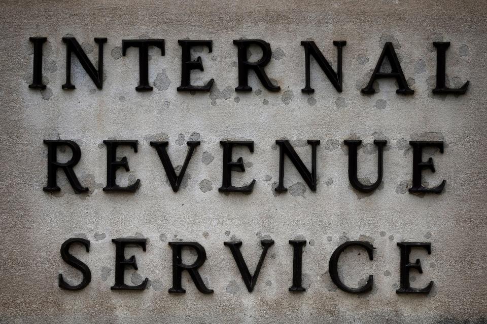 A small sign indicates the headquarters of the Internal Revenue Service on April 07, 2023 in Washington, D.C.
