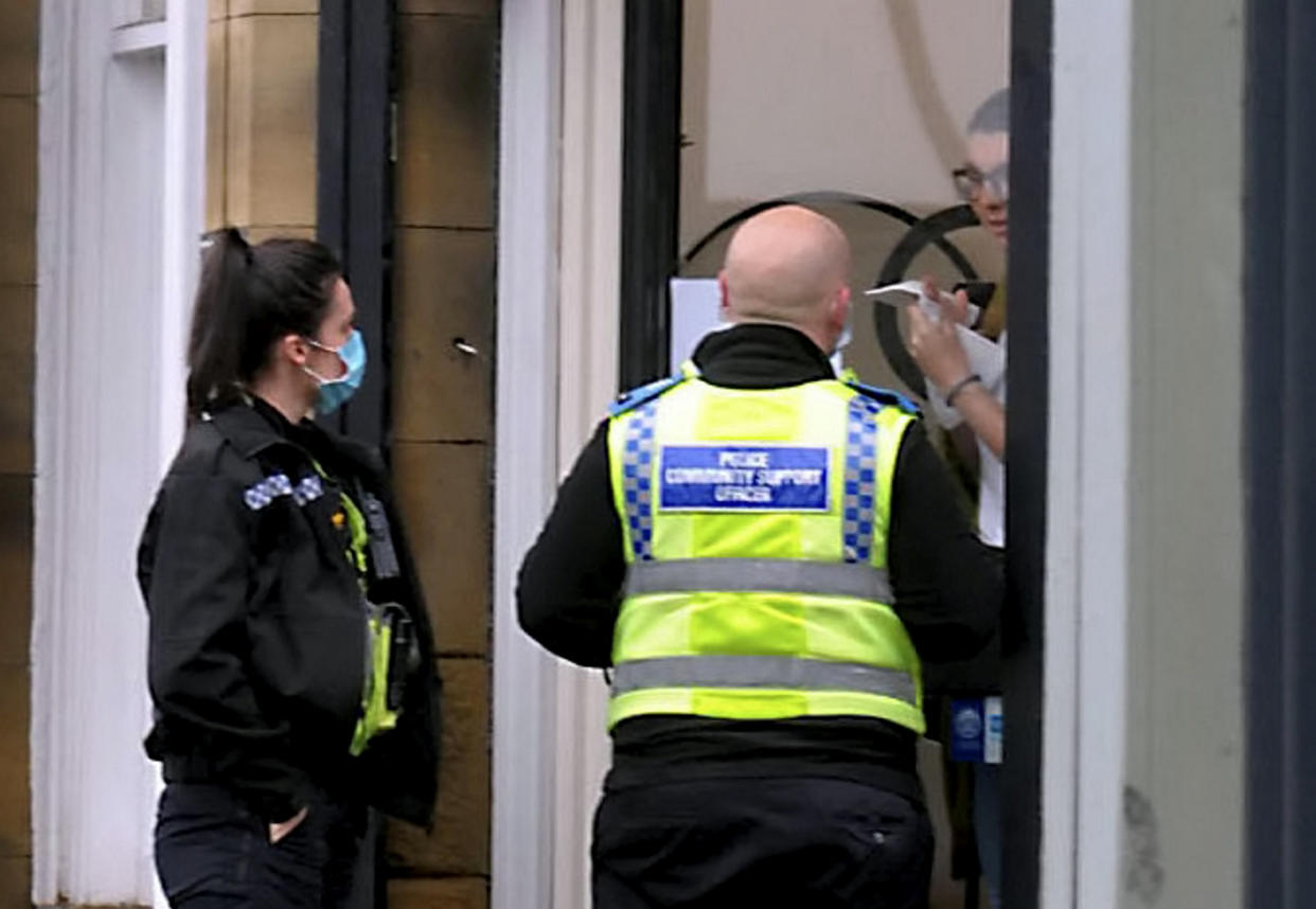 Quinn Blakey Hairdressing, on Bradford Road, Oakenshaw is visited by two PCSOs as they appeared to be staying open in defiance of lockdown restrictiond, November 10 2020. See SWNS story SWLEhair. A hair salon appears to have rebelled against the current lockdown rules by staying open despite the tightened coronavirus restrictions. Quinn Blakey Hairdressing, on Bradford Road, Oakenshaw, was seemingly open for business yesterday and at one point, police community support officers arrived at the premises.  Prime Minister Boris Johnson ordered certain businesses - including hairdressers - to close from November 5 in the face of rising Covid-19 cases. On the same day, a post on the salons Facebook page said: I earned this weeks rent today, not sure where I would be pulling that money from given the government want self employed business people to wait SIX WEEKS for a payment.