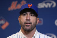 New York Mets' pitcher Justin Verlander speaks during a baseball news conference at Citi Field, Tuesday, Dec. 20, 2022, in New York. The team introduced Verlander after they agreed to a $86.7 million, two-year contract. It's part of an offseason spending spree in which the Mets have committed $476.7 million on seven free agents. (AP Photo/Seth Wenig)