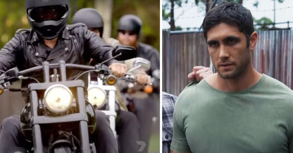 L: Three bikies ride motorcycles down a street. R: Home and Away's Tane is looking tense, in a green t-shirt