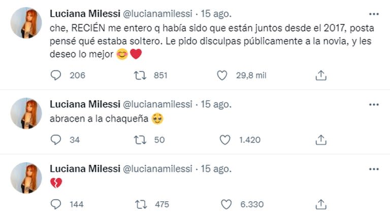 Los tweets que publicó Luciana Milessi luego de enterarse el noviazgo de Julián Álvarez