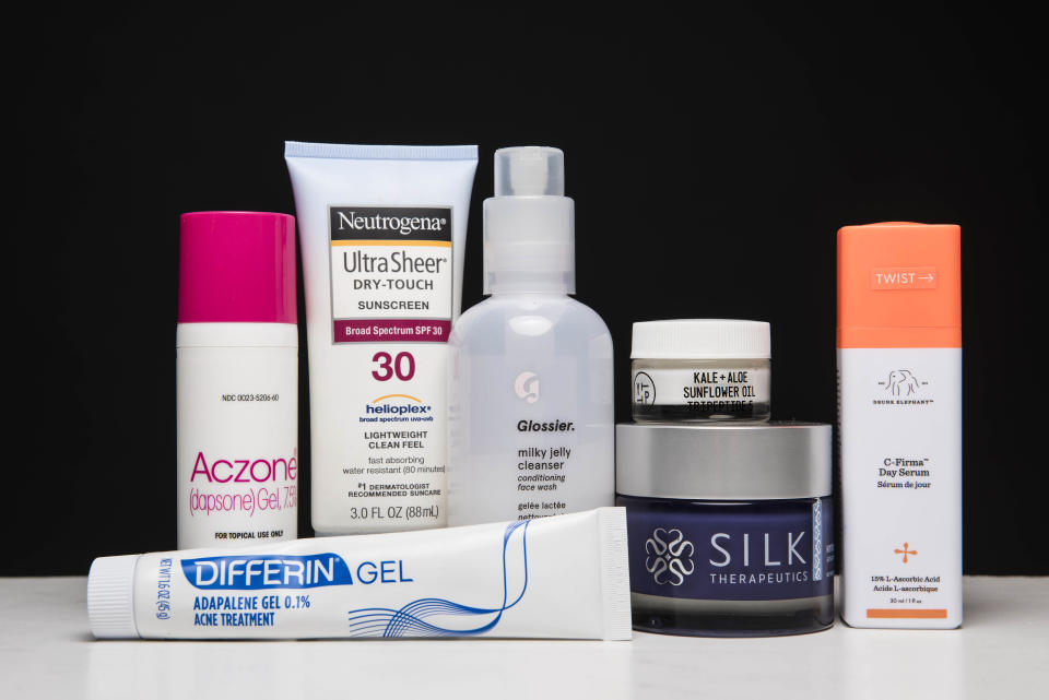 For her combination to sensitive skin, Julia uses (left to right): <a href="https://www.differin.com/shop/differin-gel#gel" target="_blank">Differin Gel</a>, price varies; Aczone, prescription; <a href="https://www.neutrogena.com/sun/ultra-sheer-dry-touch-sunscreen-broad-spectrum-spf-30/6868785.html#q=Ultra+Sheer+Dry+Touch&amp;start=6" target="_blank">Neutrogena Ultra Sheer Dry-Touch Sunscreen</a>, $10.99; <a href="https://www.glossier.com/products/milky-jelly-cleanser" target="_blank">Glossier Milky Jelly Cleanser</a>, $18; <a href="https://www.sephora.com/product/kale-aloe-sunflower-oil-tripeptide-5-age-prevention-superfood-eye-cream-P416923" target="_blank">Youth to the People&nbsp;Superfood Peptide eye cream</a>, $35; <a href="https://silktherapeutics.com/products/hydra-rich" target="_blank">Silk Therapeutics Hydra-Rich moisturizer</a>, $120; <a href="https://www.sephora.com/product/c-firma-day-serum-P400259" target="_blank">Drunk Elephant C-Firma Day Serum</a>, $80.