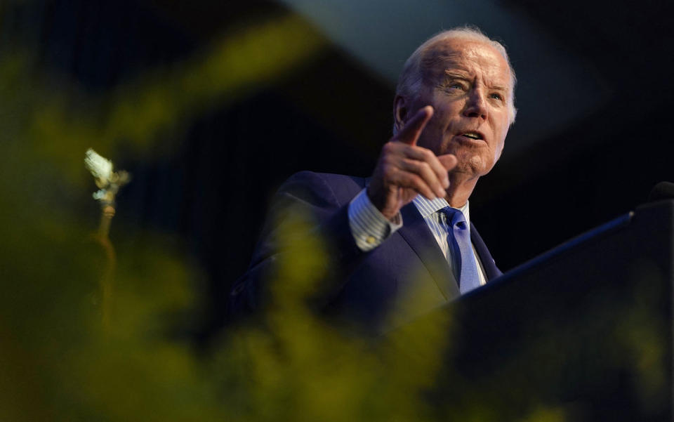 President Joe Biden speaks during the South Carolina's First in the Nation Dinner at the state fairgrounds in Columbia on January 27, 2024. (Kent Nishimura / AFP - Getty Images)