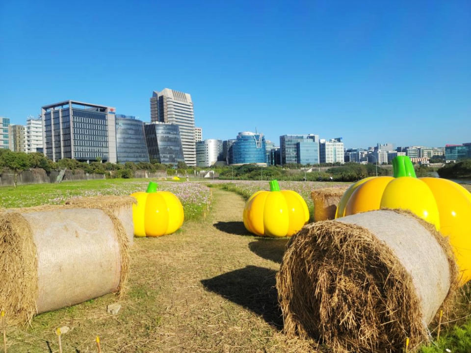 巨大南瓜造型裝置物及稻草捆(圖片來源：台北市政府工務局水利工程處)