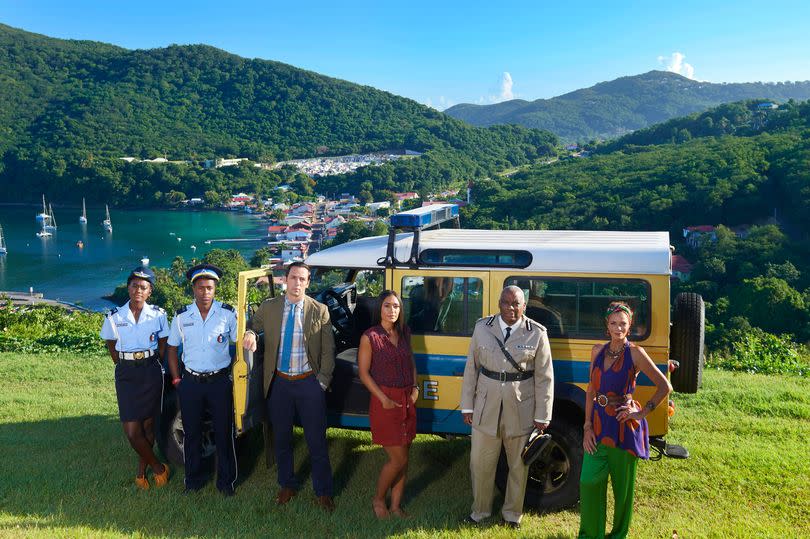 Shantol Jackson, Tahj Miles, Ralf Little, Josephine Jobert, Don Warrington and Elizabeth Bourgnine on the set of Death in Paradise