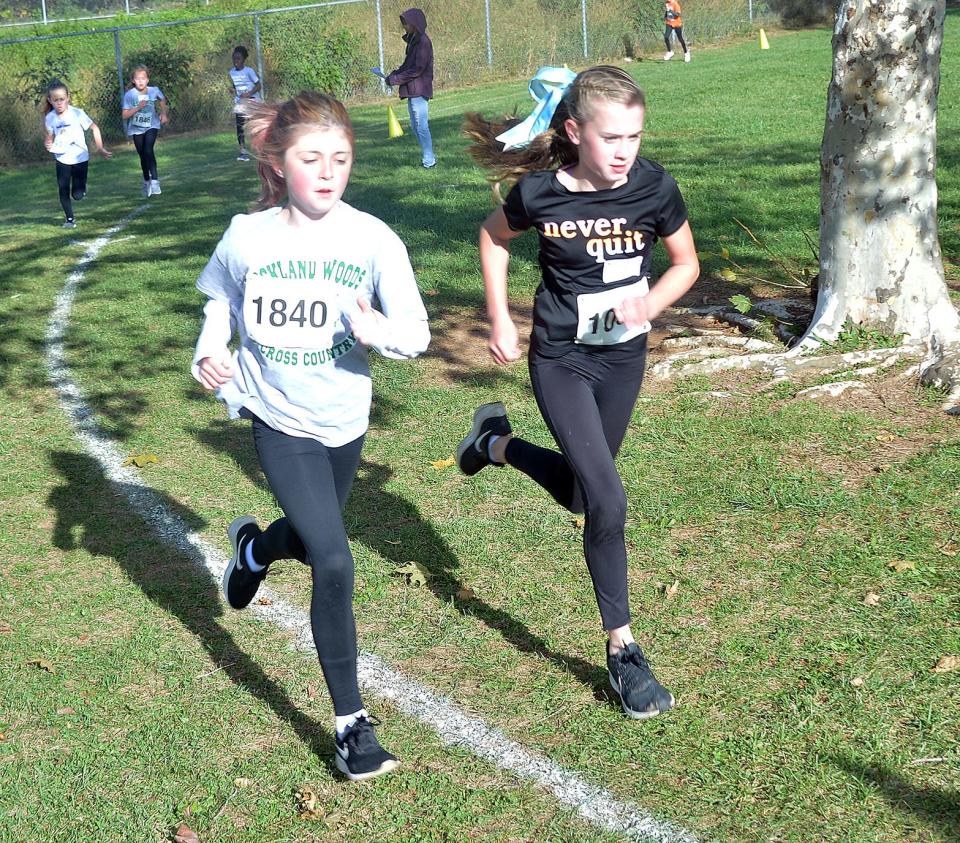 Clear Spring's Molly Bowersox, right, won the fourth-grade girls race and Rockland Woods' Vivian Jones, left, finished second during the 2022 WCPS Elementary School Cross Country run at Eastern Elementary in Hagerstown on Oct. 8.