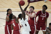 Mississippi State forward Abdul Ado (24) shoots a basket over Alabama defenders, including forward Alex Reese (3) and guard Keon Ellis (14), during the first half of an NCAA college basketball game in Starkville, Miss., Saturday, Feb. 27, 2021. (AP Photo/Rogelio V. Solis)